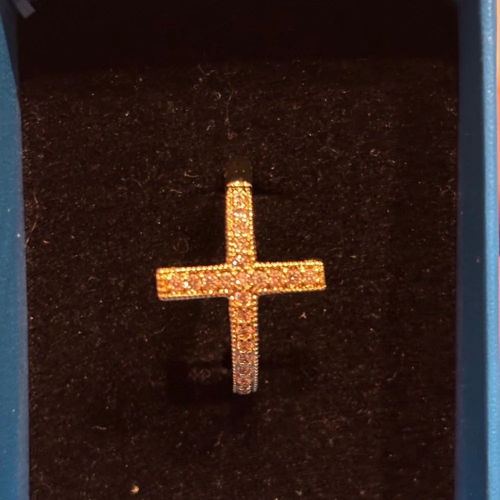 Gold Tone Sideways Cross Pavé Crystal Ring Heart Cutout Detail Statement Jewelry
